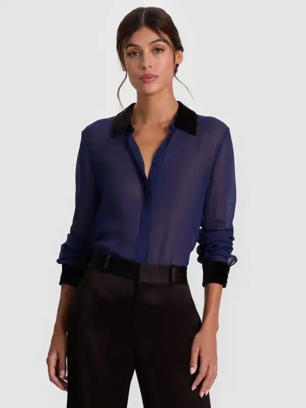 Alice & Olivia Willa Blouse Sheer with Velvet Trim NWT